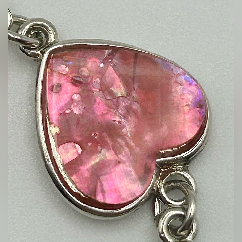Multicolor Heart Link Silver Tone Bracelet with Abalone Inlay - Picture 10 of 13